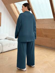 SHEIN Essnce 秋季大码休闲纯色侧开叉上衣和裤子两件套 - 藍色 - 查看 2