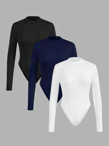 Slaydiva 3pcs/Set Casual Solid Color Versatile Layering Turtleneck Long Sleeve Bodysuit, Suitable For Autumn/Winter, Plus Size - Multicolor - View 1