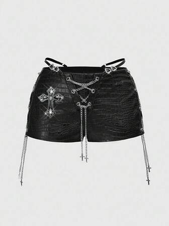 ROMWE Avant Pantaloncini skinny vita bassa mini retrò Gyaru da donna taglia curvy, decorati in PU