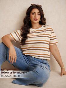 Elaquor Plus Size Vacation Color Block Striped Casual Summer Short T-Shirt Spring - Multicolor - View 2