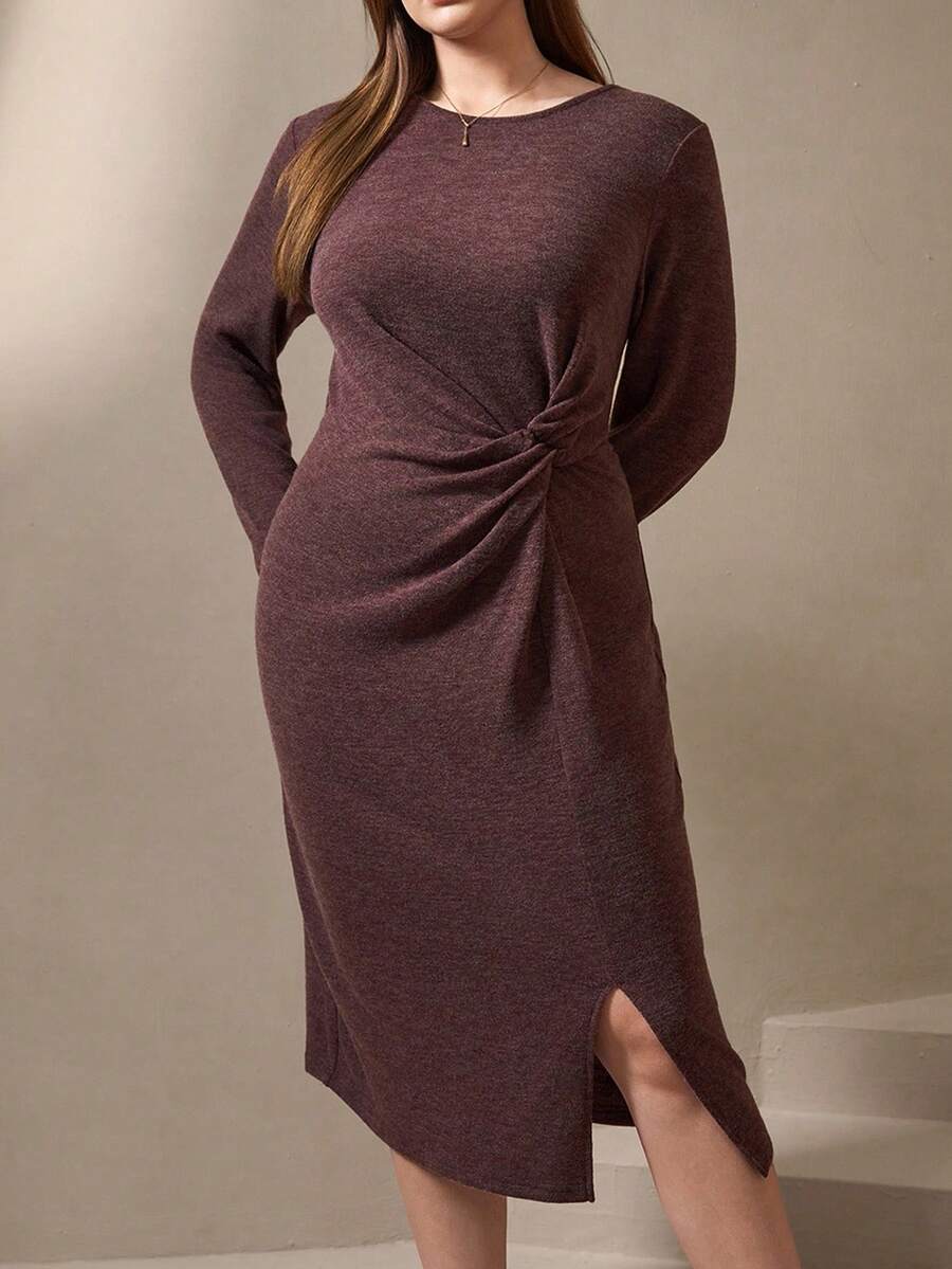 SHEIN Clasi 大码女式长袖优雅弹力舒适扭结中长连衣裙