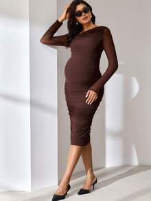 MaterniWear Elegant Brown Winter Maternity Dress,Pregnant Women Ruched Oblique Shoulder One Sleeve Fitted Bodycon Dress For Pregnancy Photoshoot & Party Wear - Coffee - View 4