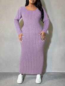 SHEIN SXY Plus Size Women Hazy Blue Ribbed Knit Bodycon Dress, Autumn/Winter - Mauve Purple - View 6