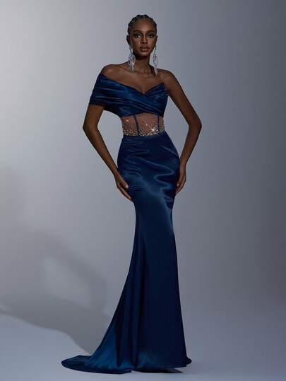 Elitara Elegant Luxury Vintage Woven Elastic Satin Patchwork Skin-Colored Handmade Beaded Fabric Bodycon Fish Tail Hem Dress, Suitable For Cocktail Parties, Galas, Music Festivals, Banquets, Business Events And Other Formal Occasions For Ladies