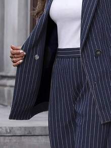 EMERY ROSE 女士条纹翻领长袖外套和裤子休闲套装 女士西装裤套装 女士西装外套套装 女士两件套服装 - 藏蓝色 - 查看 5