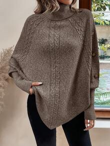 SHEIN Clasi Women's Casual High Neck Batwing Long Sleeve Button Design Loose Knit Sweater, Autumn/Winter - Coffee Brown - View 4