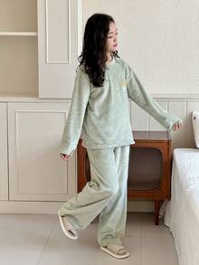 Dazy Kids Tween Girl Girls Cute Embroidered Fleece Crew Neck Long Sleeve Top And Pants Pajama Set, Fall - Green - View 3