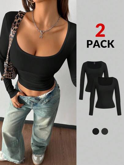 SHEIN PETITE Camiseta de manga larga ajustada, paquete de 2 en negro y blanco para mujer