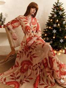 Arave 2 chiếc/bộ váy midi rộng rãi cổ chữ V in hoa cho nữ đi nghỉ ở bãi biển, mùa xuân và mùa hè - Màu be - Xem 8