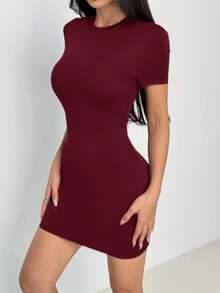 SHEIN PETITE 女士休闲纯色罗纹针织修身迷你连衣裙 - 酒紅色 - 查看 3