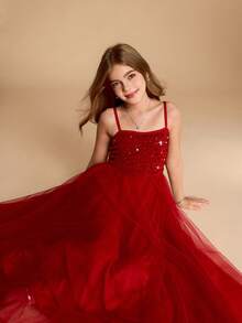 Rochie lungă cu paiete și bretele contrastante din plasă pentru fetițe, pentru nuntă, petrecere de ziua de naștere, Crăciun, absolvire - Burgundia - Vizualizare 8