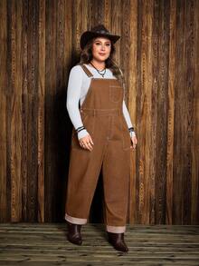 EMERY ROSE 大码休闲复古牛仔背带裤 - 棕色 - 查看 4