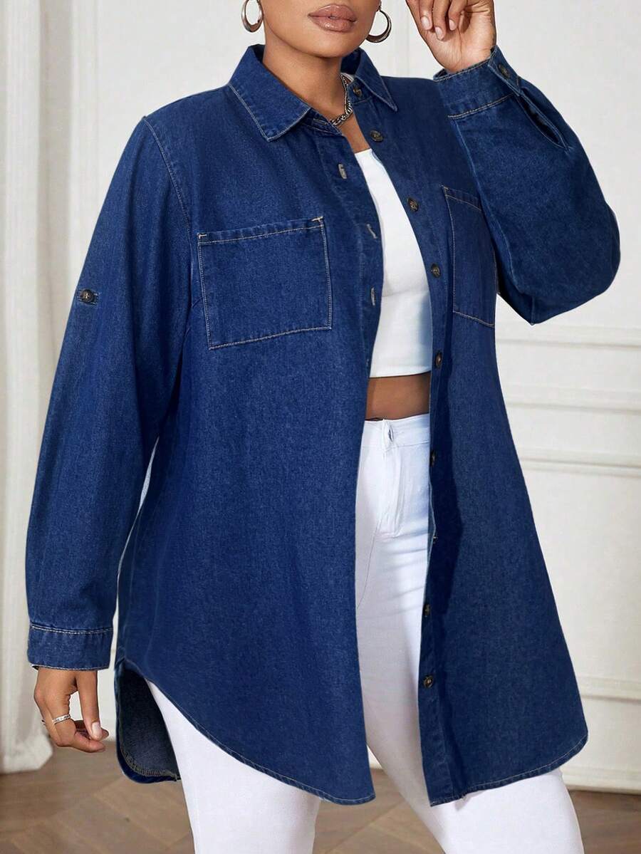SHEIN ICON Đầm denim tay dài dáng rộng màu xanh dương cỡ lớn, thoải mái và dễ chịu - Rửa tối - Xem 1