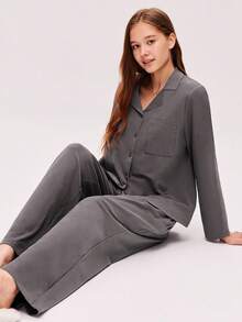 LUVLETTE 灰色柔软磨毛棉基本款睡衣套装 女士家居服套装 女士睡裤套装 带口袋 秋季睡衣 - 深灰色 - 查看 7