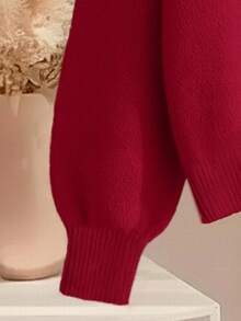 GlowEve CURVE Plus Size Elegant V-Neck Ruffle Bow Long Sleeve Pullover Sweater - Red - View 5