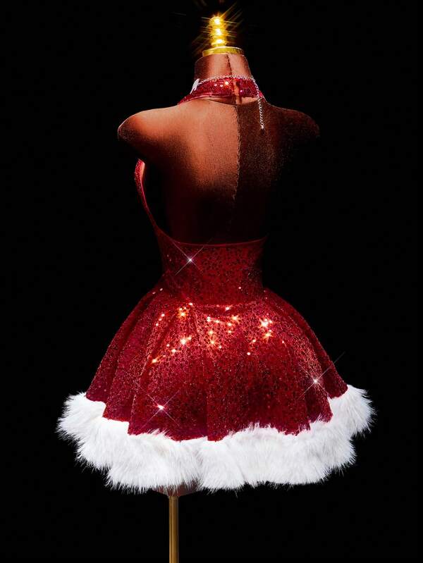 Amplova Women's Fashionable Sexy Sequin Patchwork Backless Halter Mini Dress