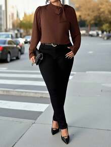 Elenzga Plus Size Women Casual Tie-Up Solid Color Shirt - Brown - View 5