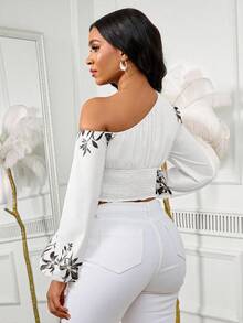 Lunelith SHEIN Lunessa 女士时尚斜肩灯笼袖松紧袖口收腰上衣，度假花卉印花休闲通勤装 - 彩色 - 查看 2