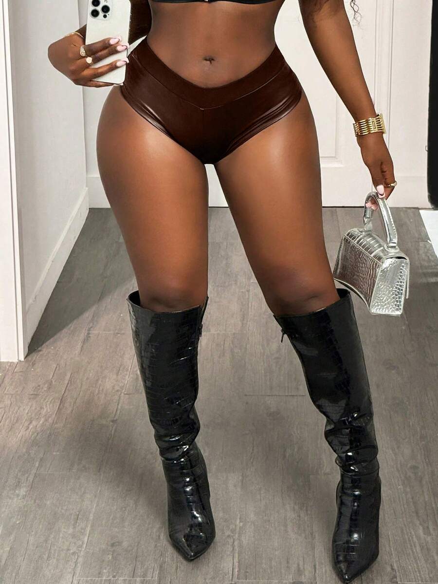 BamGleam BamGlam Casual Slim Fit Sexy PU Leather Women Shorts - Brown - View 1