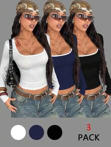 Coolane Women's Fall/Winter Streetwear Minimalist Basic Daily Wear Casual Stretchy Comfortable Contrast Piping Bustier Long Sleeve Crop T-Shirt 3pcs - Multicolor - View 2
