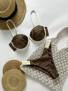 Swim Chiccia 2 件套优雅撞色 W 形图案无线比基尼上衣和系带侧低腰比基尼泳裤套装 - 彩色 - 查看 7