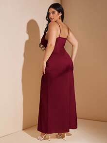 SHEIN BAE 大码女式无袖V领露背缎面吊带长裙，适合度假、音乐节、生日、早午餐、婚礼宾客、优雅派对礼服 - 酒紅色 - 查看 4