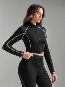 SHEIN Sports Women's Black And White Striped Yoga Jacket,Autumn Athleisure Gym Fitness Running Outdoor Zipper Long-Sleeve Hollow Out Crop Sports Shirt - Black - View 4