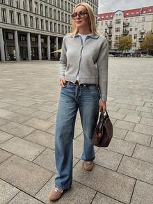 Vivie Lora Women's Loose Fit Contrast Color Cardigan - Grey - View 2
