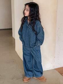 Dazy Kids Bộ 2 áo denim + quần denim ống rộng cho bé gái SeYoung Girlids mùa thu - Rửa trung bình - Xem 5