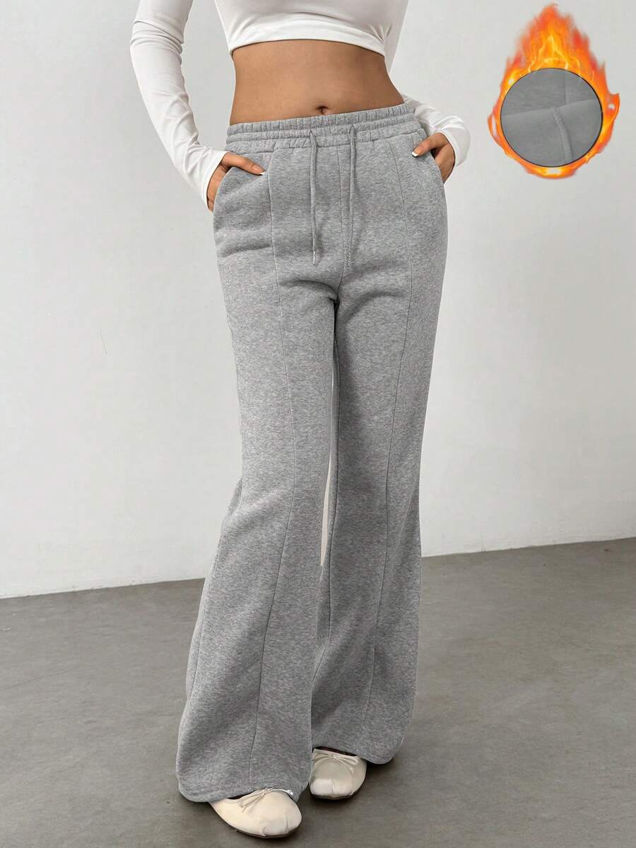 Flirla Casual Solid Color Drawstring Waist Flared Fleece Sweatpants, Autumn/Winter - Grey - View 1