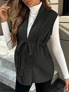 SHEIN Pregnant Women's Solid Color Shawl Collar Drawstring Waist Casual Knitted Vest, Autumn/Winter - Dark Grey - View 1