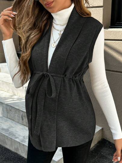 SHEIN Chaleco de punto casual con cuello de chal y cordón en la cintura para mujeres embarazadas, otoño/invierno