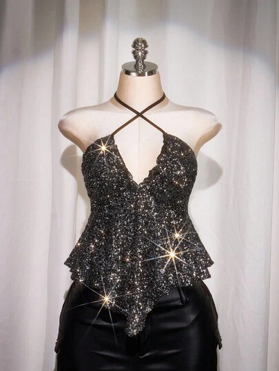 SHEIN ICON 大码交叉露背亮片吊带上衣，适合派对、约会、Y2K 和圣诞节等场合。