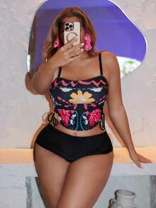 Swim Vcay Plus Size Tankini Swimwear 2 Pieces Set, Minimalist Design For Daily Wear, Women Summer Beach Outfit - Multicolor - View 3