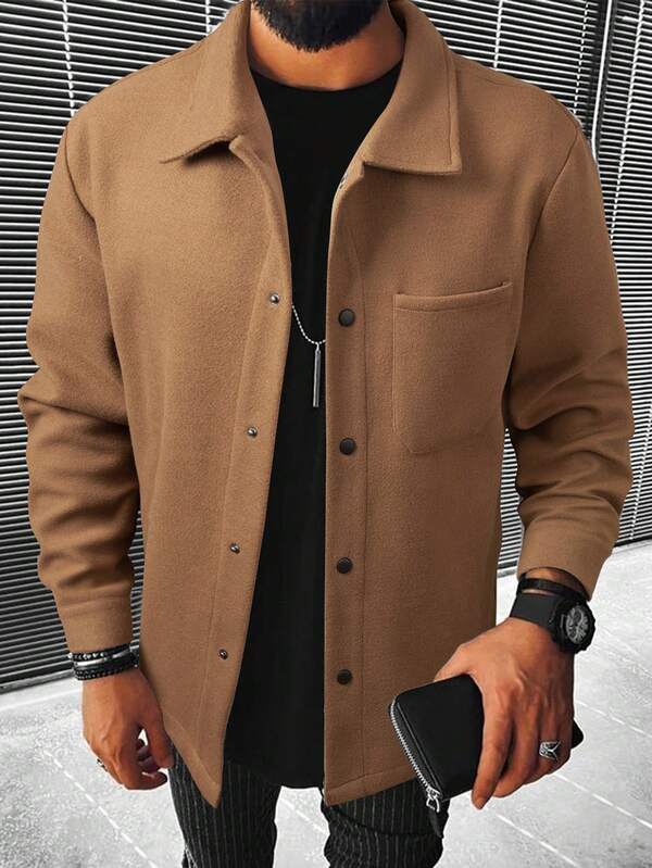 Manfinity Homme Men 1pc Pocket Patched Plain Going Out Casual Overcoat For Friends, Fall/Winter
