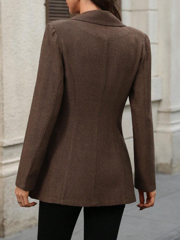女性用秋のヘリンボーン柄ラペル ロング袖 シングルボタン カジュアルブレザー、冬物レディースワークアウトフィット、オフィスアウトフィット、スーツジャケット、ブラウンアウトフィット、ビジネススーツ、レディースブレザー、ブラウンブレザー