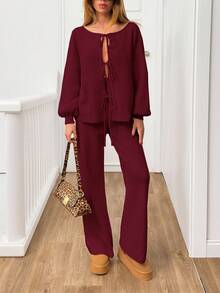 SHEIN Tall Ensemble décontracté pour femmes composé d'un cardigan tricoté à manches longues avec épaules tombantes et nœud devant, et d'un pantalon tricoté, couleur unie, automne/hiver, pour femmes grandes - Rouge foncé - Voir 5