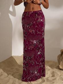 Opulessa Falda casual de unicolor con bordado de cola de pez para mujeres - Rojo violeta - Ver 5