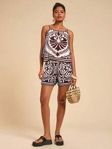 SHEIN TRVLCHIC Conjunto de 2 piezas de camiseta sin mangas y pantalones cortos con estampado completo para vacaciones de verano de mujer - Marrón Chocolate - Ver 6