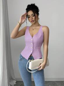Elenzga 女士纯色单排扣修身无袖上衣 - 淡紫色 - 查看 7