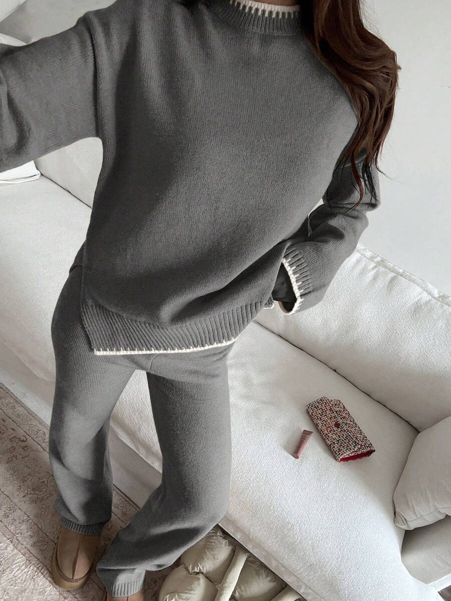 Flirla Women's Casual Everyday Commute Contrast Binding Dropped Shoulder Loose Knit Sweater And Knit Pants 2 Pieces Set, Autumn/Winter - Dark Grey - View 1