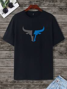 Manfinity Roughcore Men's Bull Print Round Neck Short Sleeve Casual Versatile T-Shirt - Black - View 2