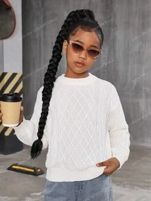 SHEIN Sweater Rajut Longgar Kasual Lengan Panjang Kerah Bulat Motif Geometris untuk Anak Perempuan Remaja, Musim Gugur/Dingin - Putih - View 1