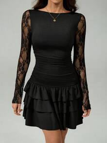 SHEIN Tall 女式新款黑色蕾丝拼布多层荷叶边下摆迷你连衣裙，秋季女装 - 黑色 - 查看 8