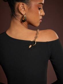 L'Amorae Women's Hollow Out Shoulder Fitted Sexy Blouse - Black - View 6