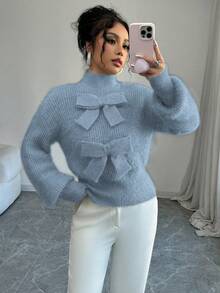 Elenzga 女士优雅纯色立领毛衣，饰有蝴蝶结，秋冬款 - 藍色 - 查看 7