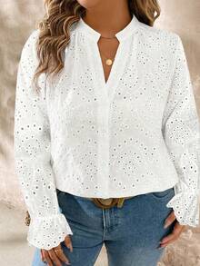 SHEIN Plus Size Women Fashion Elegant Casual Mesh Embroidered Blouse - White - View 5