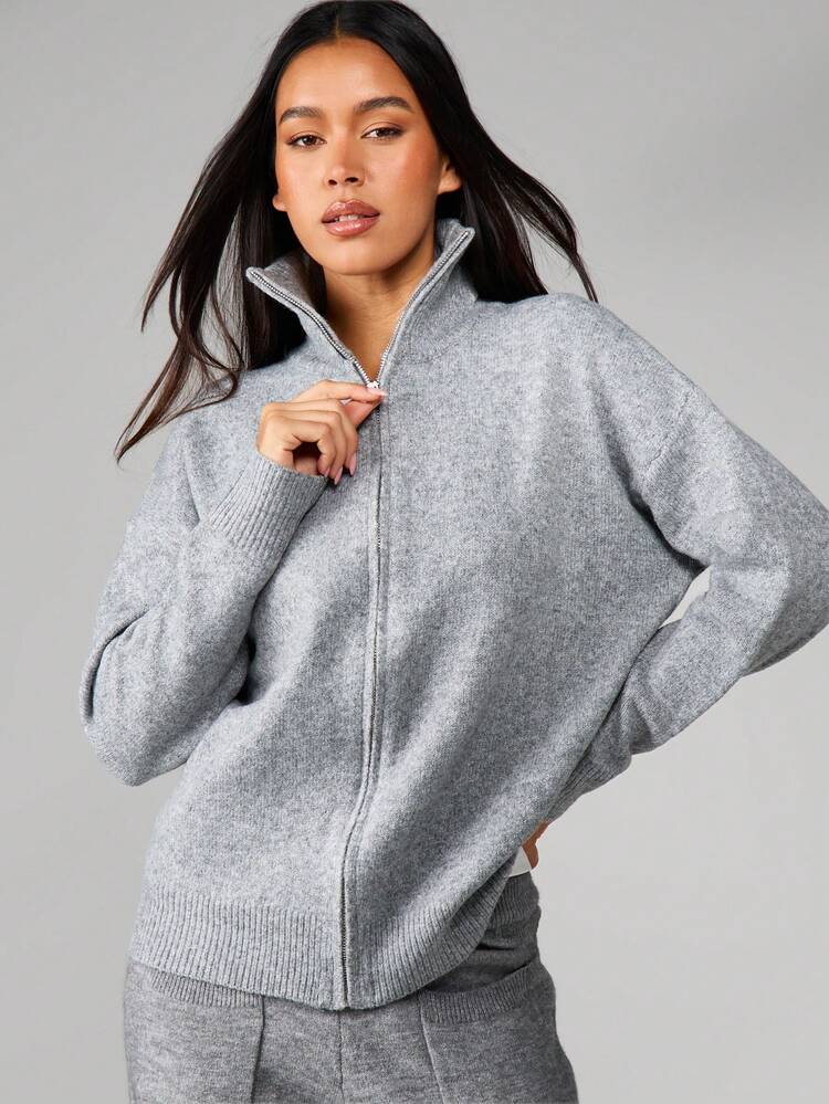 MISSGUIDED Cárdigan con cremallera de punto acogedor con detalles acanalados para la comodidad casual del invierno