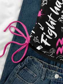 Attitoon Women's Casual Drawstring Tie-Front Cropped Camisole Top, Vintage/Grunge Style Skull & Graffiti Print, Suitable For Y2K - Multicolor - View 6