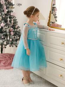 SHEIN Glamorique Kids Mädchen Prinzessin Tüllkleid, blaues Mesh Party Kleid, Geburtstags Party, Hochzeit, Festival Anlass Abendkleid, Partywear, Europäischer & Naher Osten Stil - Blau - Übersicht 6